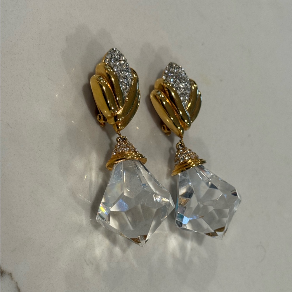 St. John Clip on Elegant Gold and Silver Crystal Drop Earrings - Picture 2 of 7